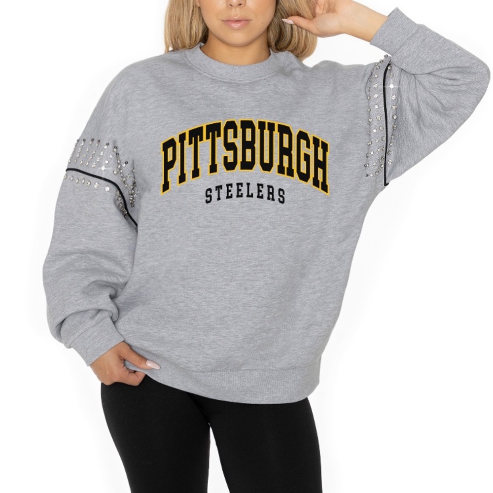 NFL Pittsburgh Steelers Gray Crewneck Sweatshirt with Studded Sleeves